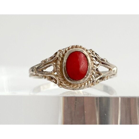 Natural Coral Cabochon Sterling Silver SW Style 925 Ring - multiple sizes - Picture 1 of 10